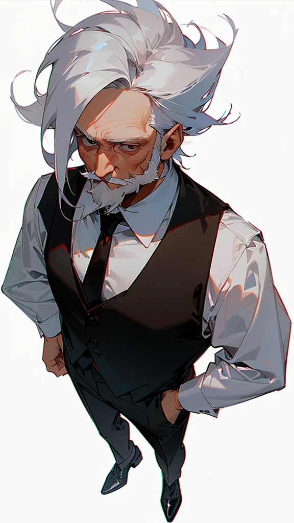 ((60 year old white man seen from above)), ((long tied white hair)), ((brown dark eyes)), ((full white beard)), ((wears a white dress shirt with a black vest over it and a red tie)), ((Black dress pants and black dress shoes)).