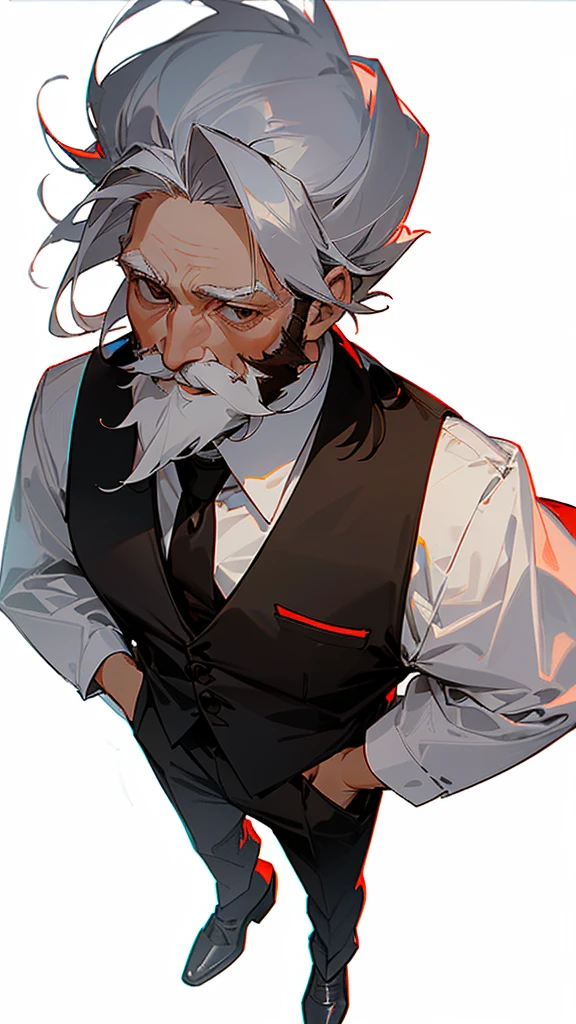 ((60 year old white man seen from above)), ((long tied white hair)), ((brown dark eyes)), ((full white beard)), ((wears a white dress shirt with a black vest over it and a red tie)), ((Black dress pants and black dress shoes)).