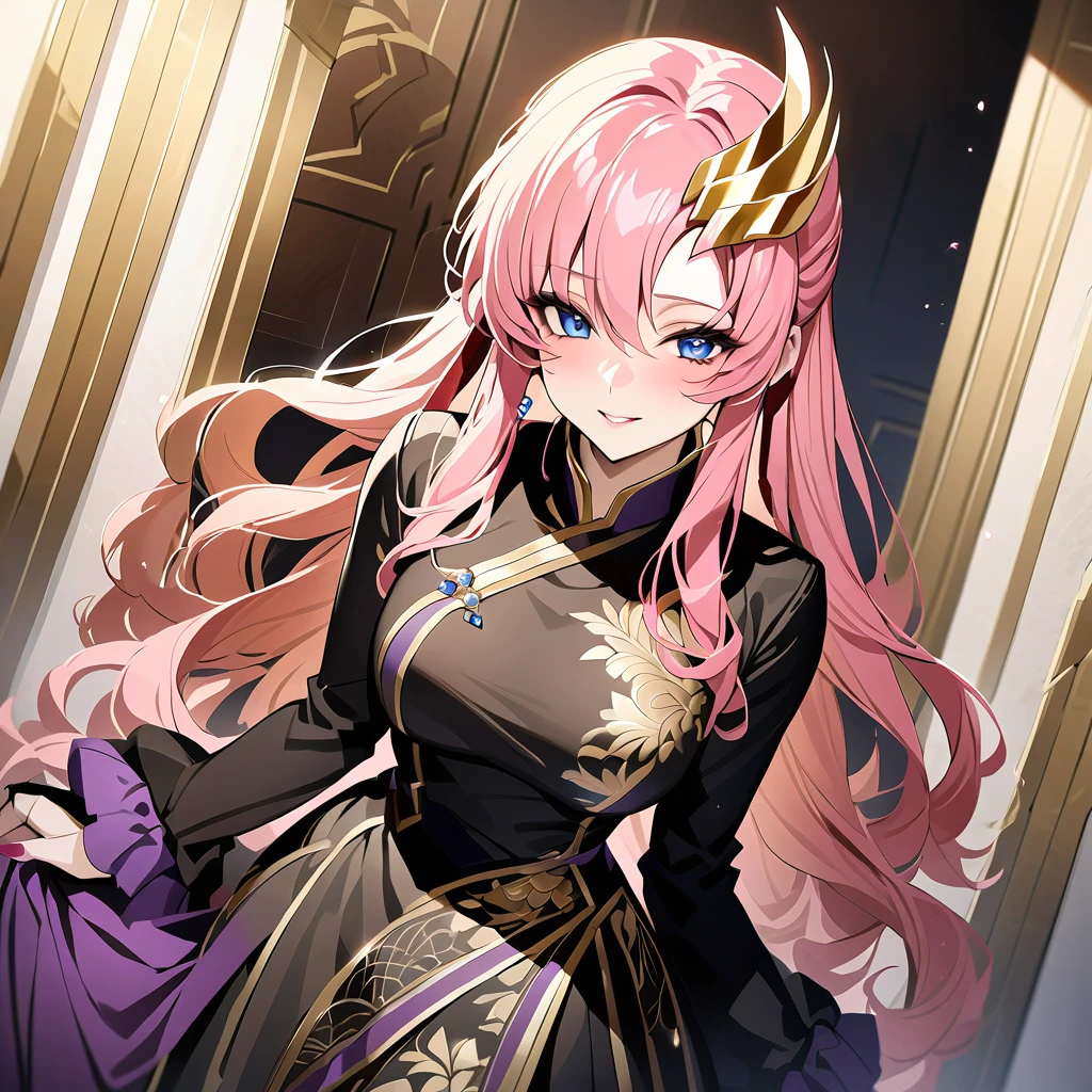 ((Highest quality)), ((masterpiece)), (detailed), （Perfect Face）、The woman is Lacus Clyne, with blue eyes, medium-long pink hair, a hair accessory, and an engagement ring. She is the beloved wife of Orpheus Ram Tao and the queen of the Foundation.、The woman is an evil queen wearing a black vintage dress with gorgeous gold embroidery and trim and lavish accessories.