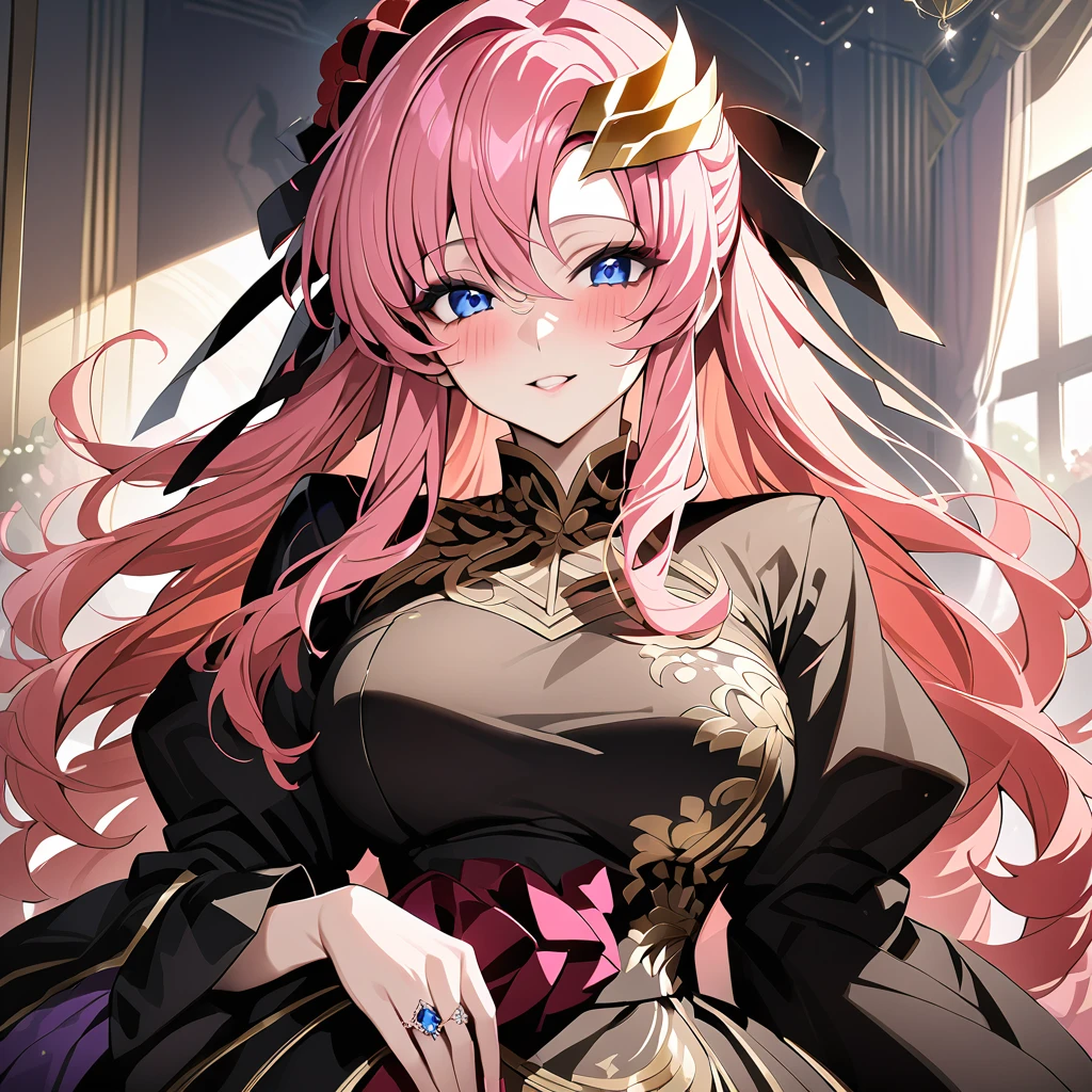 ((Highest quality)), ((masterpiece)), (detailed), （Perfect Face）、The woman is Lacus Clyne, with blue eyes, medium-long pink hair, a hair accessory, and an engagement ring. She is the beloved wife of Orpheus Ram Tao and the queen of the Foundation.、The woman is an evil queen wearing a black vintage dress with gorgeous gold embroidery and trim and lavish accessories.