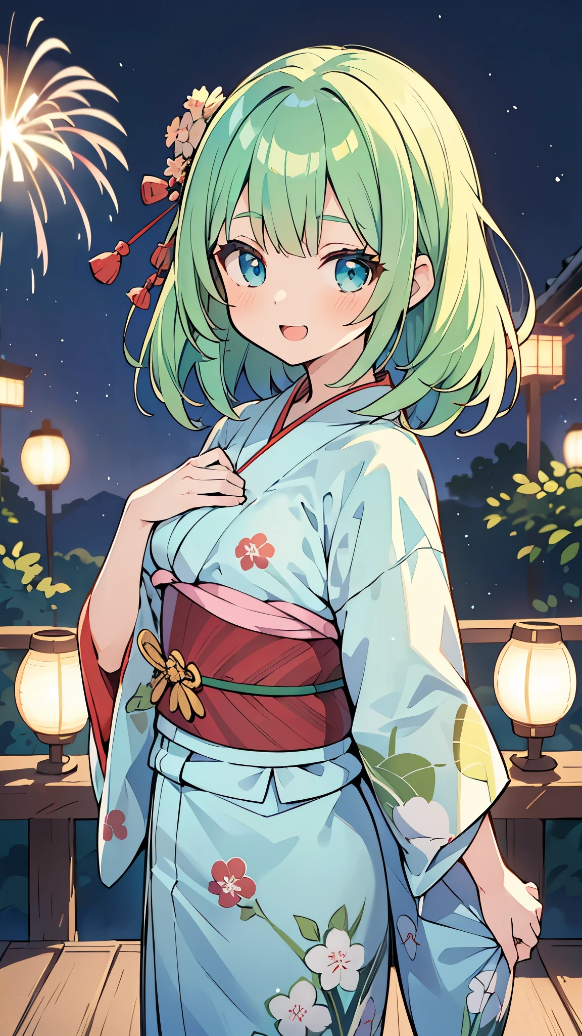 ((A Pretty girl with green hair and blue eyes)), ((wearing the Japanese yukata)), Baby face, ((top-quality, master piece, ultra-definition, high resolution)), anime girl, ((ultra-detailed illust:1.2)), only one person, bangs, hair between eye, beautiful hair, Beautiful eyes, medium breasts, Big smile, opened mouth, outdoor, night scape, fireworks