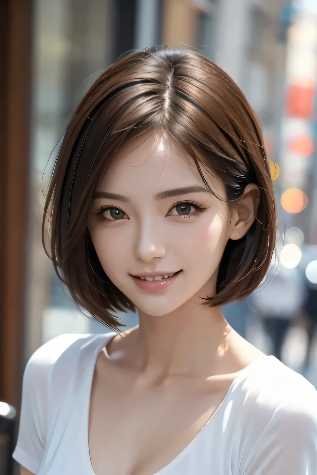 extremely detailed eyes, extremely detailed face, best quality ,masterpiece, extremely detailed, ultra-detailed, (realistic, photo-realistic:1.3), smile, (facing front), looking at viewer, white shirt, sunny day, outdoor, 1girl upperbody, dark chocolate color hair dye, bob style