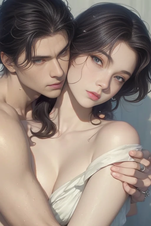 High-quality images of couples: blond man (Tall、Statue-like、Handsome and、Brave young man、Blue eyes、Curly golden hair、Wearing a grey antique military uniform) A woman with black hair (long straight black hair、Long Bangs、Blackberry eyes、A beautiful young femme fatale、naked、PRİNCESS、Hugging。They are in love with each other。Created by Boris Vallejo「Ideal Anatomy」The sketch of、It is characterized by being very detailed.。masterpiece、Detailed study of the face、Beautiful Face、Features of Beautiful Face、Perfect Image、Realistic shots、Detailed study of the face、Full body image、8k、Detailed Images、Highly detailed illustration、A true masterpiece of the highest quality、Careful drawing。Bare Skin、Gown and naked watercolor、
ゴシック、ロマンス
黒のパンティ、