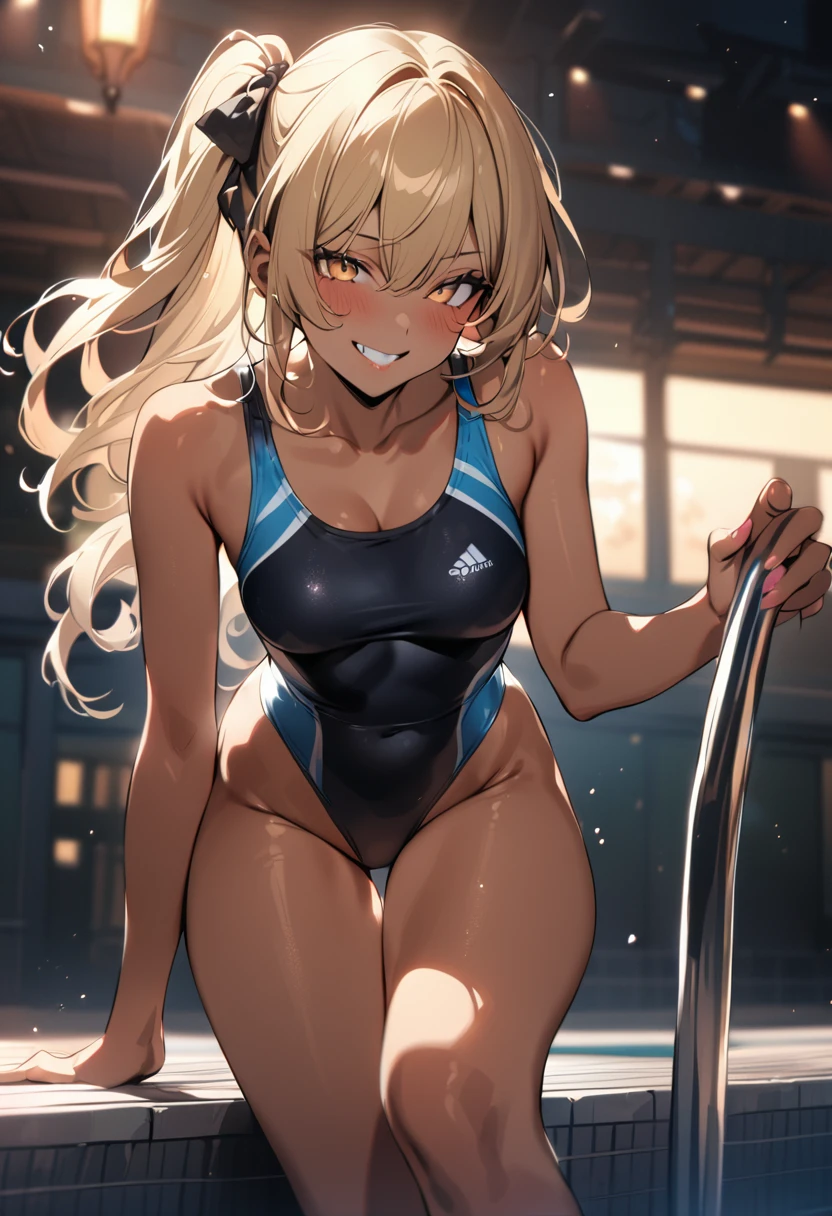 BREAK (masterpiece), (high resolution 8K), detailed eyes and face, detailed body, cinematic lighting, 
BREAK 1 girl, japanese girl, longhair, blonde hair, pony tail, fancy hair ribbon, wave hair,
BREAK blonde eyes, mascara, tan skin, dark skin, double teeth, fang, (piercing:1.2),  medium breasts, 
BREAK seductive smile, grin, blush, 
BREAK one-piece swimsuit, pull swimsuit, clothing cutout, competition swimsuit,collarbone,(highleg:1.3), at poolside