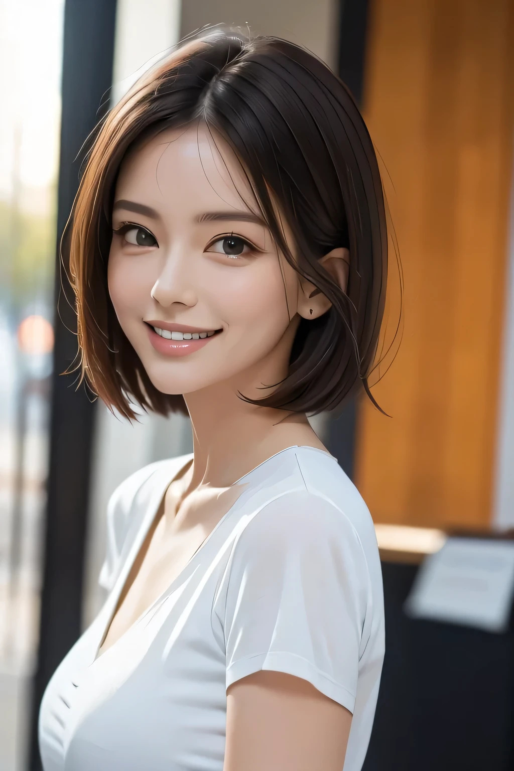 Highest quality, Ultra-high resolution, (Realistic: 1.4), beautiful Eyes, Super beautiful, Very short hair, beautiful, spouse, Rough Chest T-shirt, beautiful Soldier, Eyes that beckon, The spouse&#39;s perspective, Attractive look, Sexy smile, Perfect Style, Perfect balance, Detailed skin, Mischievous Gaze, I can see your chest