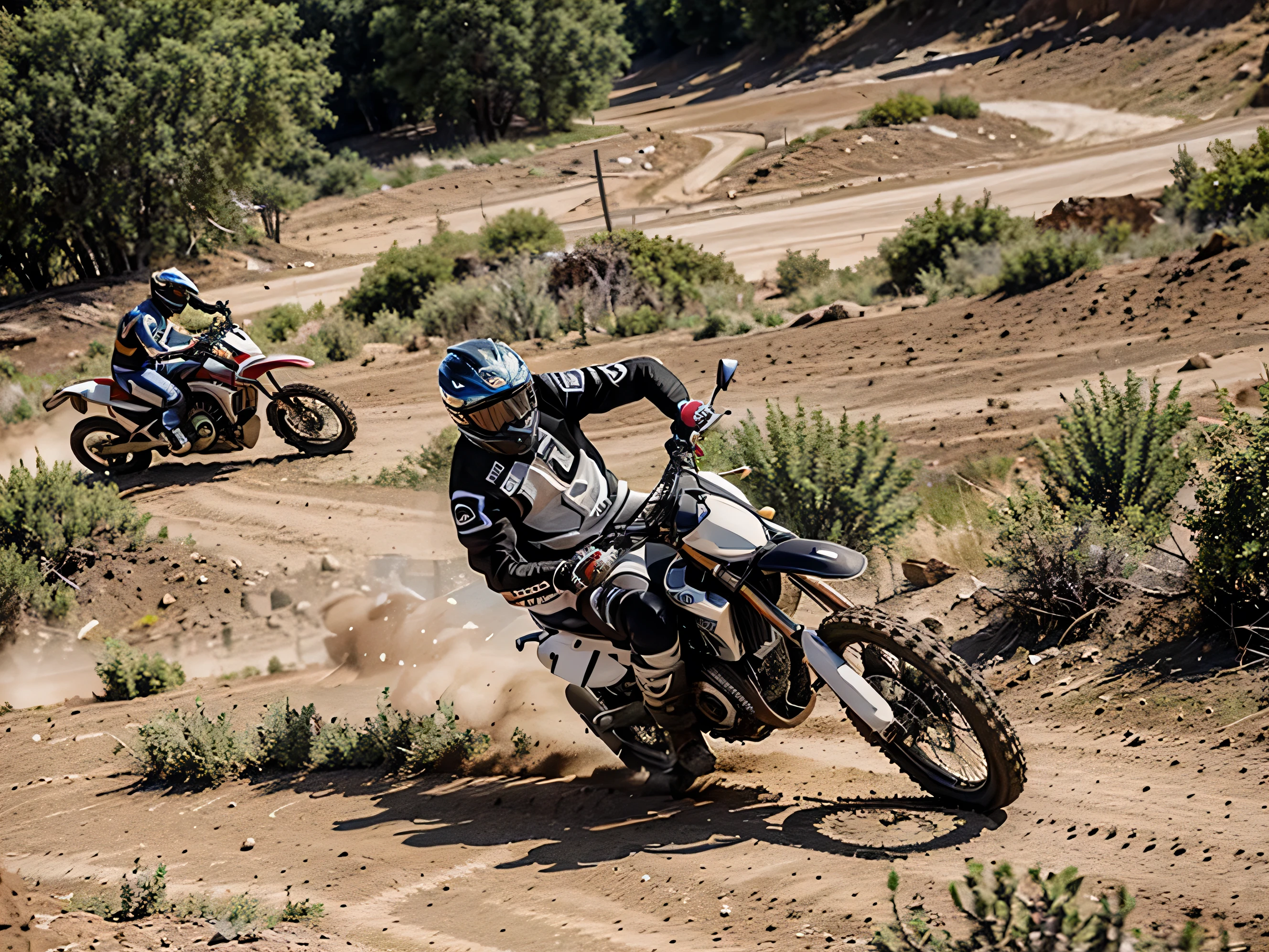 Create a high definition image of a rally motorcycle rallying on a dirt road. masterpiece, realisitic, doing maneuvers. now there is more motorcycles in the picture