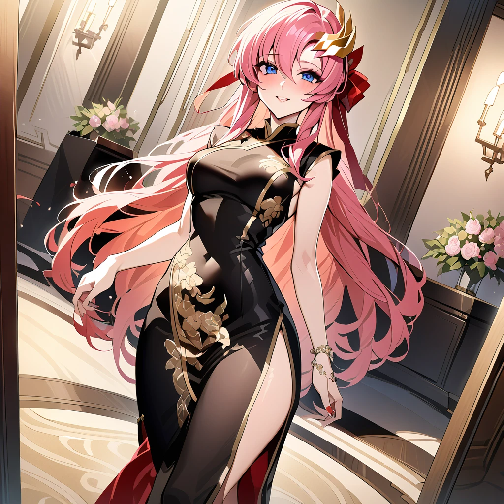 ((Highest quality)), ((masterpiece)), (detailed), （Perfect Face）、The woman is Lacus Clyne, with blue eyes, medium-long pink hair, a hair accessory, and an engagement ring. She is the beloved wife of Orpheus Ram Tao and the queen of the Foundation.、The woman is an evil queen wearing a vintage black long-slit cheongsam with gorgeous gold embroidery and trim, and lavish accessories.