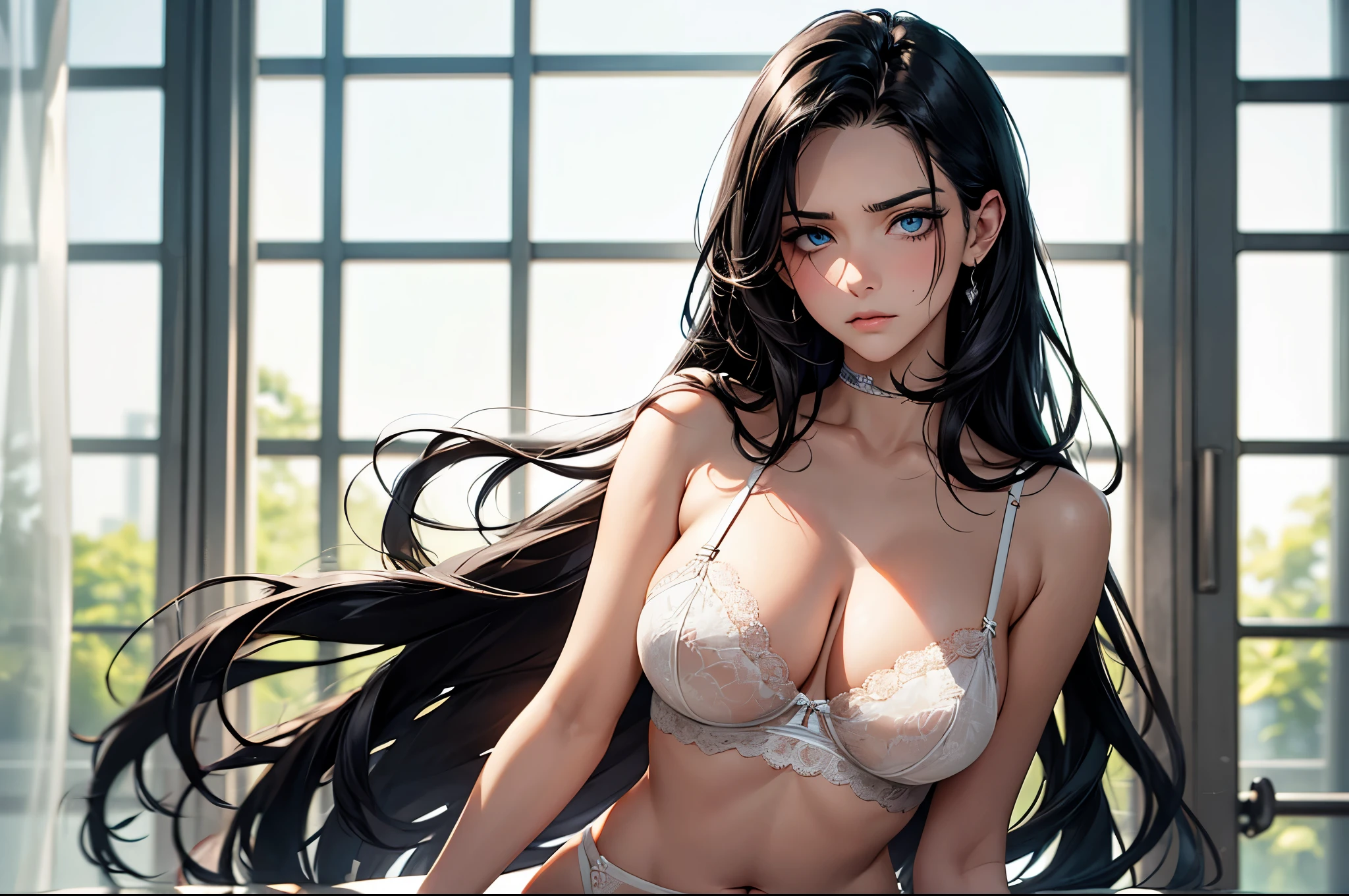a beautiful woman with long black hair, annoyed expression, beautiful detailed breasts, wearing a white thin camisole, well-proportioned outfit, facing forward, slightly flushed cheeks with a disdainful expression, beautiful detailed face, upper body portrait, blue eyes, evenly styled bangs, transparent and sexy stylish lingerie