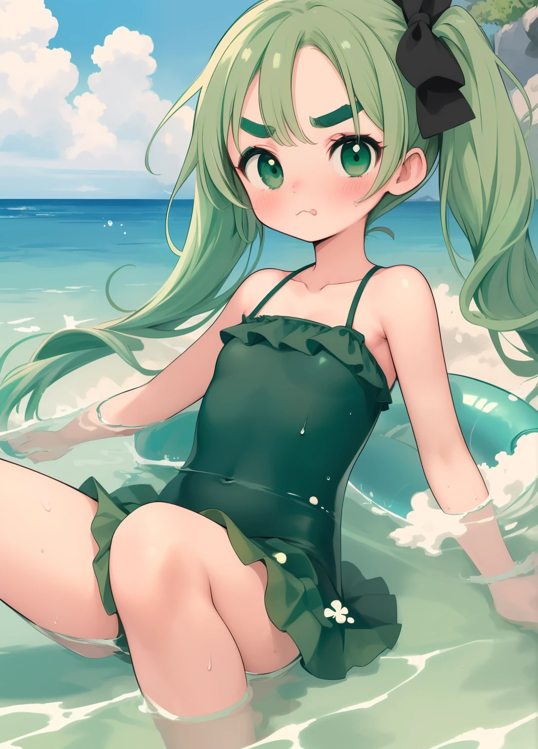 (masterpiece、Highest quality、Highest quality、Official Art、Beautiful and beautiful:1.2)、(One girl:1.3)Hatsune Miku、Twin tails,Beautiful breasts, Katsushika Hokusai, score_9, ,score_7_superior, score_6_superior, One girl, sauce_comics, sauce_anime,Breathtaking landscapes,watercolor,Smooth and soft skin, Natural Skin,mjm
break
(change:1.4),(:1.4), Small breasts,cute顔, (change toddler:1.1), 6,cute, (Eye highlights), (Shake:0.8), Glowing Skin,Beautiful Eyes, Detailed eyes, Puffy eyes,
break
(Medium green hair:1.3),(Green Malo eyebrows:1.6),Poutingy and slightly grumpy,(Pouting:1.2), ::(, (Close),(Frowning:0.6),white streaked hair, Green Eyes,
break
darkgreen Skirt-style one-piece swimsuit,Frills,Floral dark green swimsuit,Frills,Overly detailed clavicle,Exposed clavicle, Dynamic Angle,Inner Tube,Partially submerged,
break
dynamicpose,Ocean,Wave,island,tropical,Dynamic Angle,Breathtaking Backgrounds, Outdoor,pastel colour,superiorから,