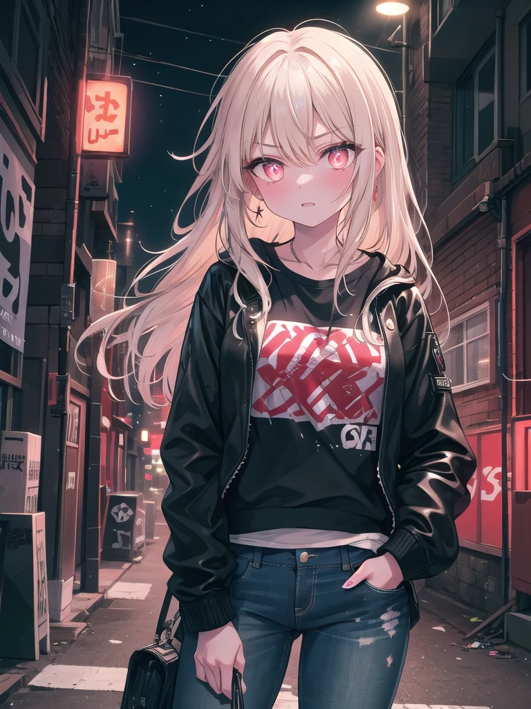 ((8k, best quality, master piece: 1.3)),super high resolution,(1 girl, solo), (colorshift eyes, hyperdetailed, expressive sparkling, glitter, glowing eyes), ultra detailed eyes, ultra-detailed face, random hair, ((pastel color)),A bad girl. The background is a back alley in a city at night, with neon lights illuminating the walls and the ground. The girl has a tough, rebellious vibe, and wears a tattered black leather jacket. Under the jacket, she wears a T-shirt with a rock band logo, and her jeans are distressed. The camera is set at the bust so that her expression can be seen clearly. The girl has a cold, sharp expression on her face, and her large eyes shine defiantly. Her skin is pale, with light scratches on her cheeks. Her hair is messy and short, and is set carelessly. Her hair is platinum blonde, and it sparkles in the neon lights.
She holds a cigarette in one hand, and the other hand is in her pocket. She stands relaxed, but exudes a somewhat aggressive atmosphere. The background shows a dimly lit alley, graffiti on the wall, and the neon lights of a city in the distance. The alley is littered with garbage bags and broken signs, giving the overall atmosphere a desolate one.
The texture of the girl's leather jacket, the details of the scratches, and every strand of hair are depicted in detail. The brightness of the neon lights enhances her cold expression, recreating an overall dark and rebellious atmosphere. Her defiant gaze and relaxed posture exude the strength and unique charm of a bad girl.