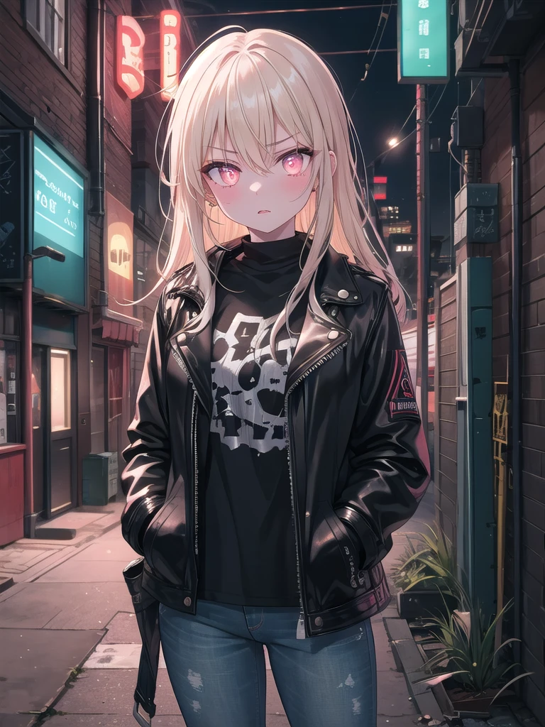 ((8k, best quality, master piece: 1.3)),super high resolution,(1 girl, solo), (colorshift eyes, hyperdetailed, expressive sparkling, glitter, glowing eyes), ultra detailed eyes, ultra-detailed face, random hair, ((pastel color)),A bad girl. The background is a back alley in a city at night, with neon lights illuminating the walls and the ground. The girl has a tough, rebellious vibe, and wears a tattered black leather jacket. Under the jacket, she wears a T-shirt with a rock band logo, and her jeans are distressed. The camera is set at the bust so that her expression can be seen clearly. The girl has a cold, sharp expression on her face, and her large eyes shine defiantly. Her skin is pale, with light scratches on her cheeks. Her hair is messy and short, and is set carelessly. Her hair is platinum blonde, and it sparkles in the neon lights.

She holds a cigarette in one hand, and the other hand is in her pocket. She stands relaxed, but exudes a somewhat aggressive atmosphere. The background shows a dimly lit alley, graffiti on the wall, and the neon lights of a city in the distance. The alley is littered with garbage bags and broken signs, giving the overall atmosphere a desolate one.

The texture of the girl's leather jacket, the details of the scratches, and every strand of hair are depicted in detail. The brightness of the neon lights enhances her cold expression, recreating an overall dark and rebellious atmosphere. Her defiant gaze and relaxed posture exude the strength and unique charm of a bad girl.