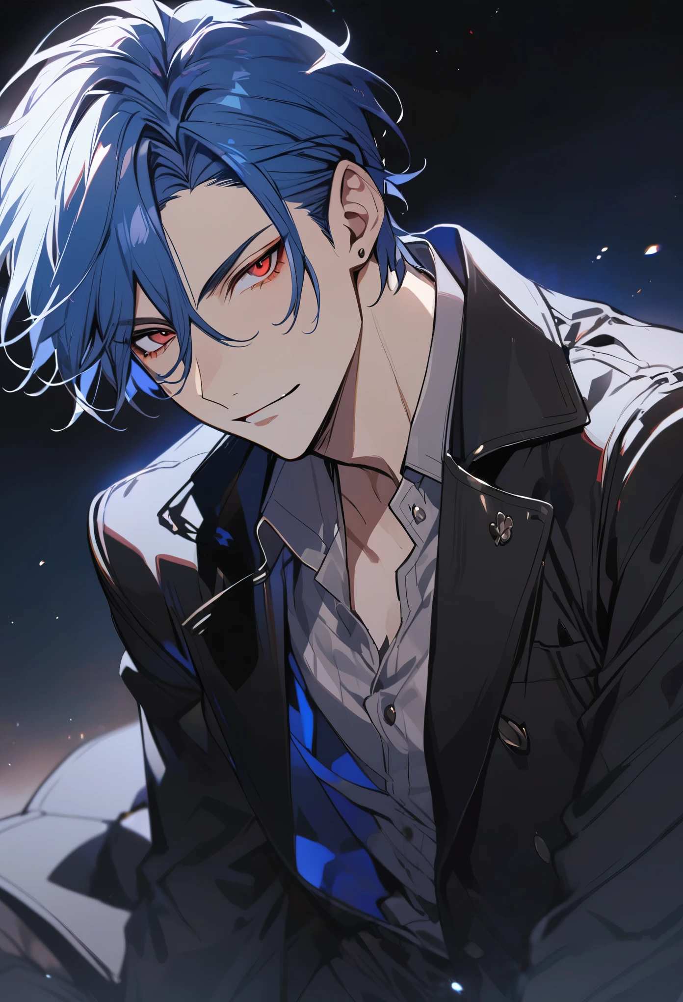 solo, handsome, 1 male, short hair, blue hair, red eyes, black coat