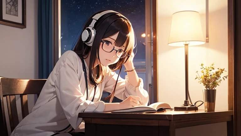 Beautiful girl studying in her room with headphones on、Glasses Girl、
Warm lighting、Outside the room it is night、A pleasant breeze is blowing、Japanese anime style、