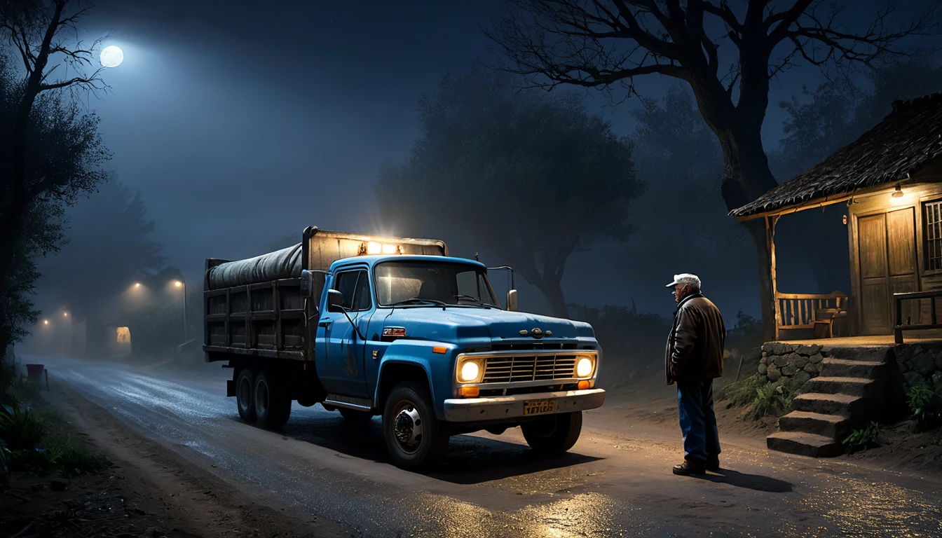 004: Create a detailed and ultra-realistic night scene in a 16:9 format featuring Juan Carlos Martínez, an experienced truck driver, spotting a small village at the edge of the forest after several hours on the road. He is a middle-aged man with a rugged appearance, wearing a dark jacket, jeans, and boots. The village looks frozen in time, with simple houses and dim lights barely illuminating the dirt streets. Juan Carlos decides to stop to refuel and eat something. At the gas station, he talks to an old man who seems to be one of the few locals willing to speak with strangers. The old man, with a worried look, tells stories of truckers who disappeared on that road, suggesting that Juan Carlos not continue his journey at night. He gives Juan Carlos a protective amulet, explaining that it can ward off evil spirits. The truck's headlights cast long shadows on the dirt streets, and the scene is enveloped in a dark, foggy atmosphere. The scene should have a dark background, cinematic color tones, and a detailed, realistic depiction of the character and setting. The overall mood should be mysterious and slightly ominous, with a strong contrast between the dimly lit village and the eerie, foggy forest.