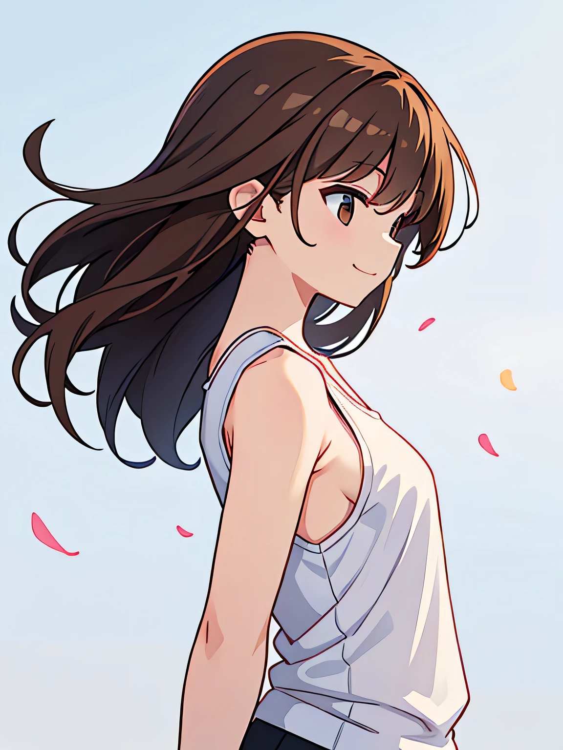 woman、Tank top、Hair is fluttering in the wind、Long Straight、From the side、Brown Hair、smile、No background、Background white