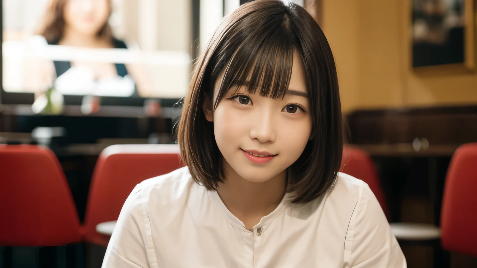 masterpiece, Highest quality, 8k, Disorganized person, White shirt, beautiful girl, Pretty face, Looking at the audience, smile, Ultra-realistic, High resolution, photograph, Sharp focus, High resolution, Face Light, Dynamic Lighting, Cinema Lighting, Professional Shadow, Beautiful cafe background, Best details, Very detailed, Very detailedな, finely, Real Skin, Delicate facial features, Detailed face and eyes, Sharp pupils、Real students