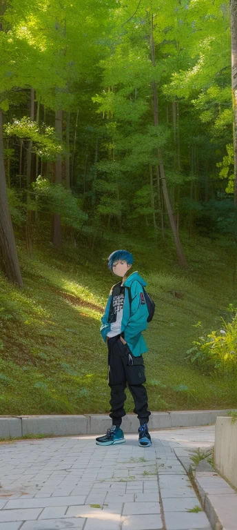 (masterpiece:1.4), 1boy, Streetwear,cargo pants, street, (masterpiece, best quality, highres, ultra detailed ), night, depth of field, absurdres, (masterpiece:1.4), ultra-detailed, 1boy, stand up, black and teal, short purple wildly hair with teal streaks