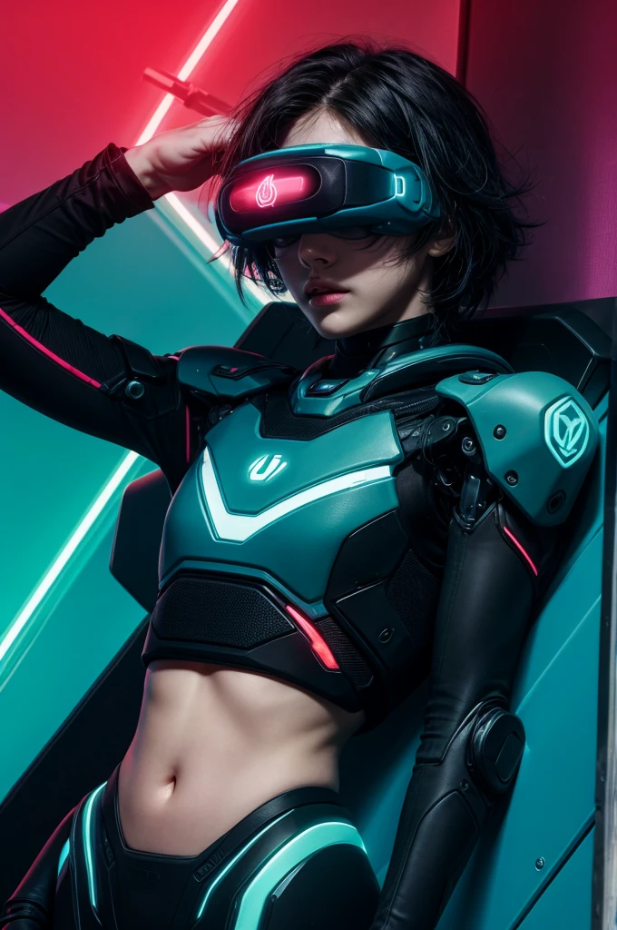 best quality, head-mounted display,
(1 boy), twink, exposed belly, surrounded by azure neon, short black messy hair, short black hair, NodesTech mascara, NodesTech headdress, ethereal hair, multicolored black hair, wearing crop top cyborg armor
BREAK sci-fi background, detailed background,  azure neon background, data space