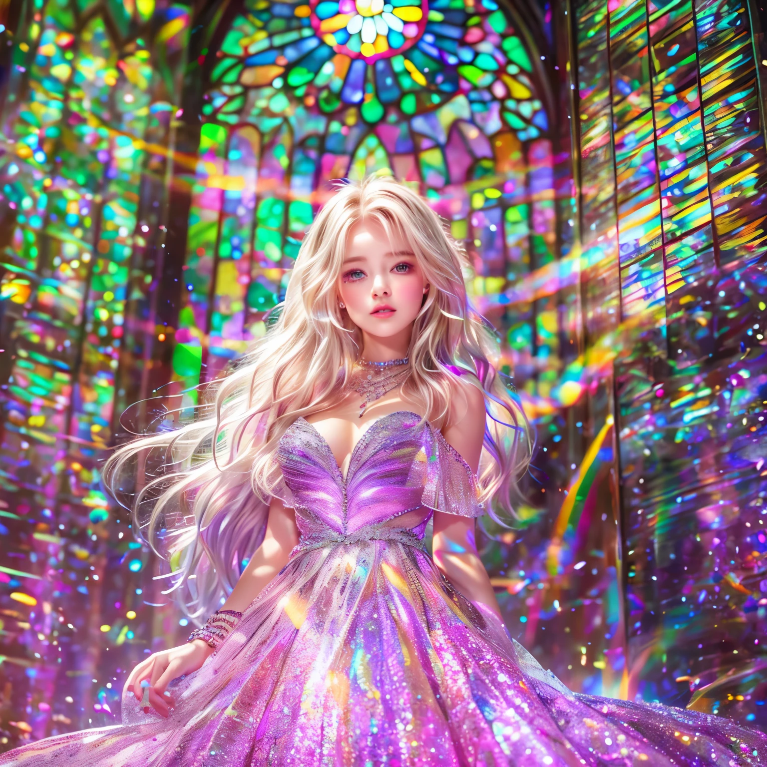 (Cathedral from below:1.28) (BokeH ZoomLayer) (TopQuality 8K masterpiece of ((Professional photo:1.37))), (((Clarisse de Cagliostro))) (Detailed White WeddingDresses), Chain, (CloseUp of (Extremely detailed (KAWAII face))) {((VeiledFace))|BlondeHair|(Elaborate BuleEyes)with(SparklingHighlights:1.28)}, The background is distant (((Elaborate stained glass))) Rainbow Glass, {(MysticSight)|EnchantingAtmosphere|Haze|(GodRays)|TyndallEffect}, Radiant PearlSkin with Transparency, (Exposed:0.39), BluB