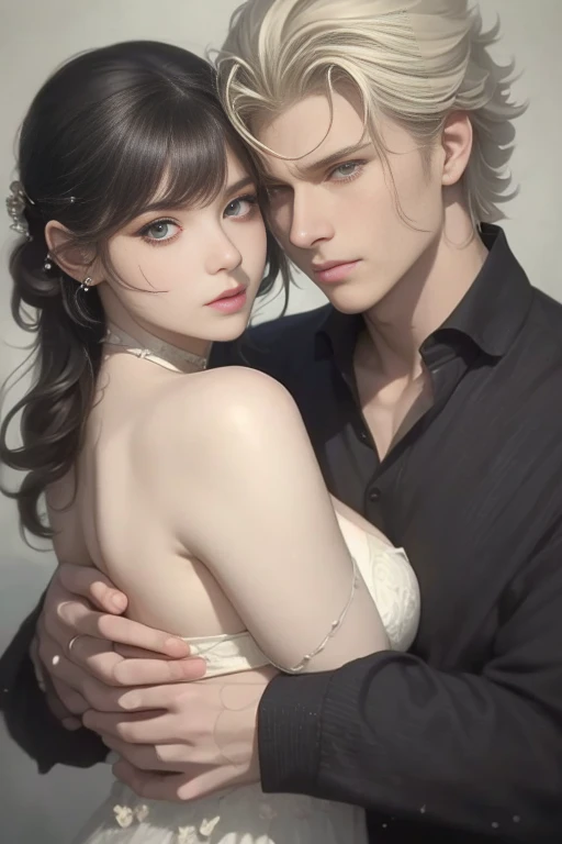 High-quality images of couples: blond man (Tall、Statue-like、Handsome and、Brave young man、Blue eyes、Curly golden hair、Wearing a grey antique military uniform) A woman with black hair (long straight black hair、Long Bangs、Blackberry eyes、A beautiful young femme fatale、naked、PRİNCESS、Hugging。They are in love with each other。Created by Boris Vallejo「Ideal Anatomy」The sketch of、It is characterized by being very detailed.。masterpiece、Detailed study of the face、Beautiful Face、Features of Beautiful Face、Perfect Image、Realistic shots、Detailed study of the face、Full body image、8k、Detailed Images、Highly detailed illustration、A true masterpiece of the highest quality、Careful drawing。Bare Skin、Gown and naked watercolor、

ゴシック、ロマンス
黒のパンティ、