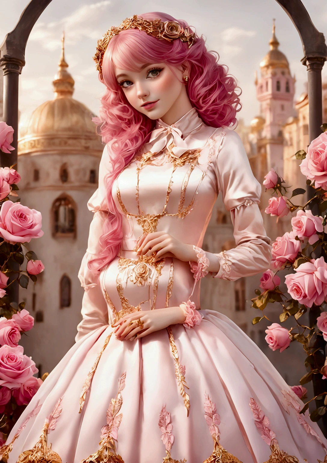 Adorable fair skinned pink haired magenta eyed European and slender young woman pink gold rose gold color theme