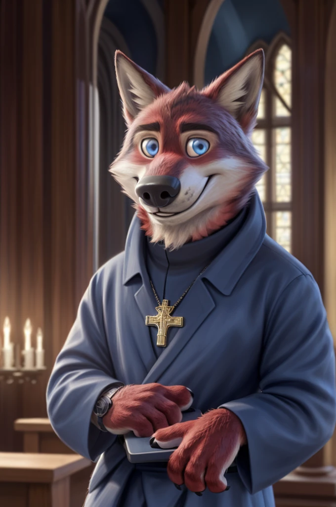 Joachim Wolfbach (Zootopia),tall handsome, wolf,young, 24 years, brown fur,(red body:1.3),Blue eyes, Moscow Dressed Priest,Russian Orthodox Church,shirt inside cassock,pectoral cross, canine, wolf, detailed fur, Male, second, paw pads, finger claws,Holding a laptop in his hands, At the viewer, 5 fingers, paws, 5 fingers, smile, happy, resting, wrist watch, т nextel, I&#39;m standing and praying, by xenoforge, (difficult, high detail, film photography, soft focus, RAW, pilot in training,smile смех ,Russian Orthodox Church, candles, icons, 
photorealism, realistic, photorealistic, analog style, subsurface scattering, 
masterpiece, Best quality, ultra realistic, 8 thousand.)