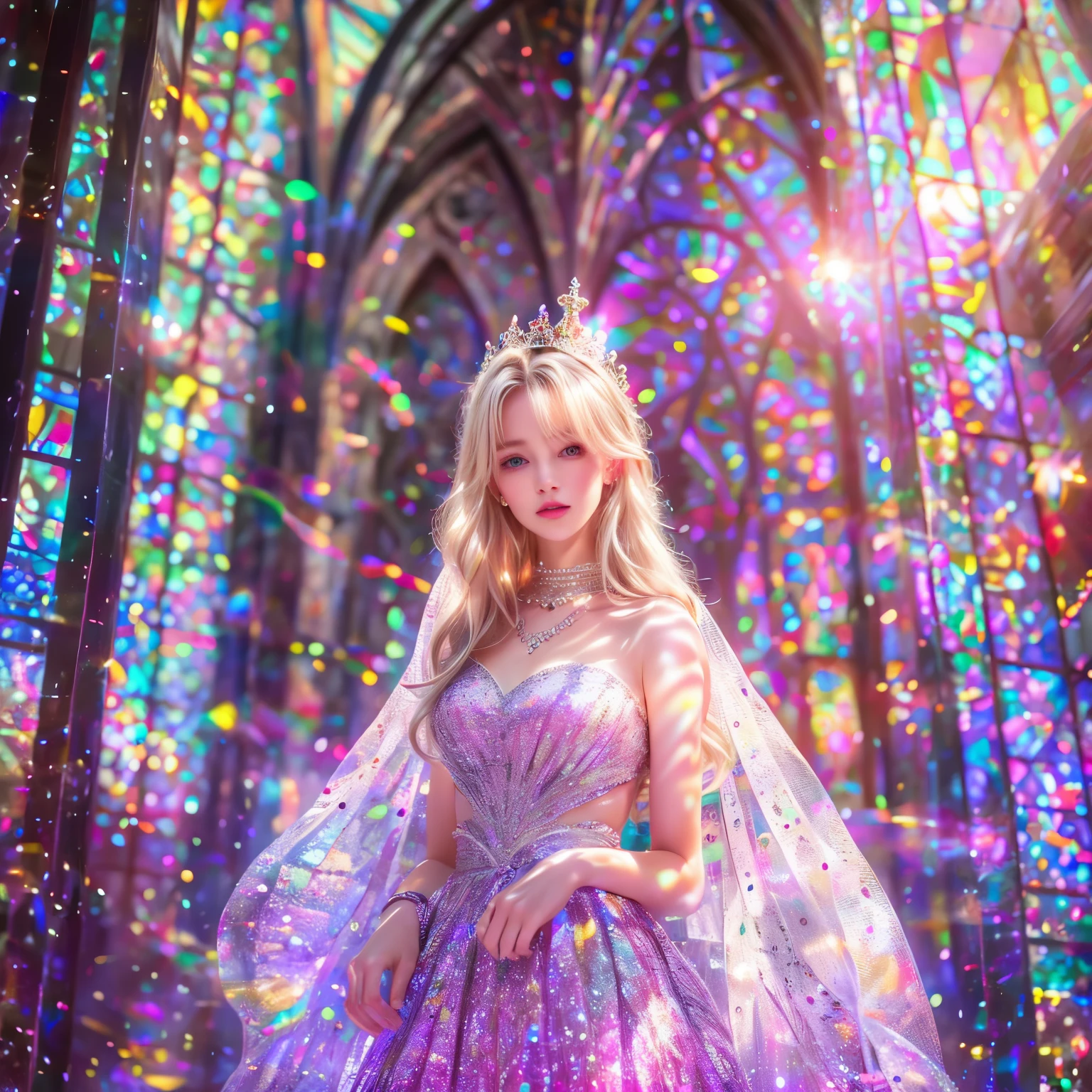 (Cathedral from below:1.28)  (BokeH ZoomLayer) TopQuality 8K masterpiece of ((Professional photo)), (((Clarisse de Cagliostro))) (Detailed White WeddingDresses), Chain, (CloseUp of (Extremely detailed (KAWAII face))) {((VeiledFace))|BlondeHair|(Elaborate BuleEyes)with(SparklingHighlights:1.28)}, The background is distant (((Elaborate stained glass))) Rainbow Glass, {(MysticSight)|EnchantingAtmosphere|Haze|(GodRays)|TyndallEffect}, Radiant PearlSkin with Transparency, (Exposed:0.64), BluB