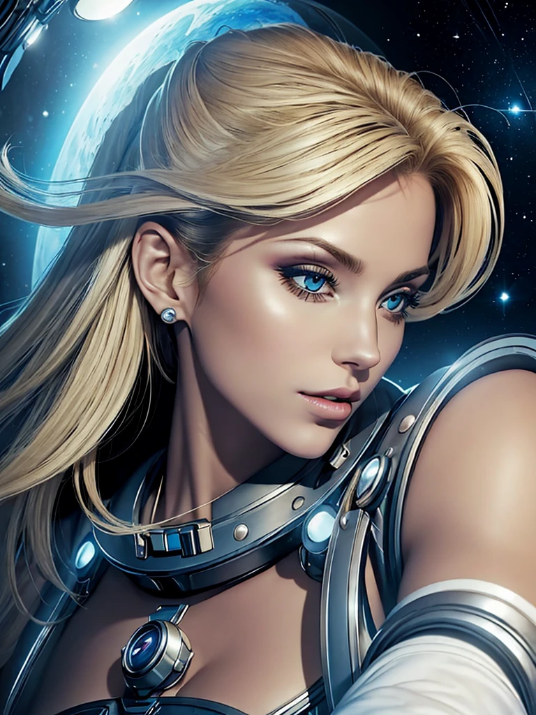 ((work of art)), ((best qualityer)), (detailded), perfect, alone, gorgeous woman, Delicious lips, hair blonde, sexly, fully body, delicious. On a spaceship traveling outer space.