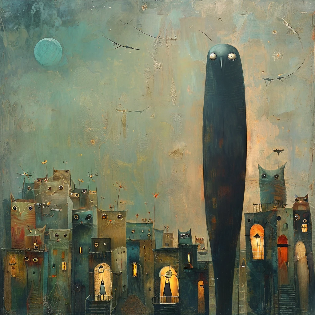 Artistic style by catrin Welz-stein, Shaun Tan. Stylized figures. A small woman looks at her very tall, slender, very long-necked cat with colorful stripes in geometric patterns, oval head and large slit eyes and whiskers, very long, thin paws.  Starry night sky and moon. Cool and warm, muted colors. Detailed drawing, skillful use of chiaroscuro to render the three-dimensionality of the characters.