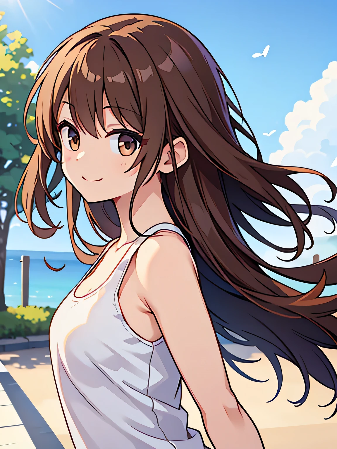 woman、Tank top、Hair is fluttering in the wind、Long Straight、From the side、Brown Hair、smile、No background、Background white