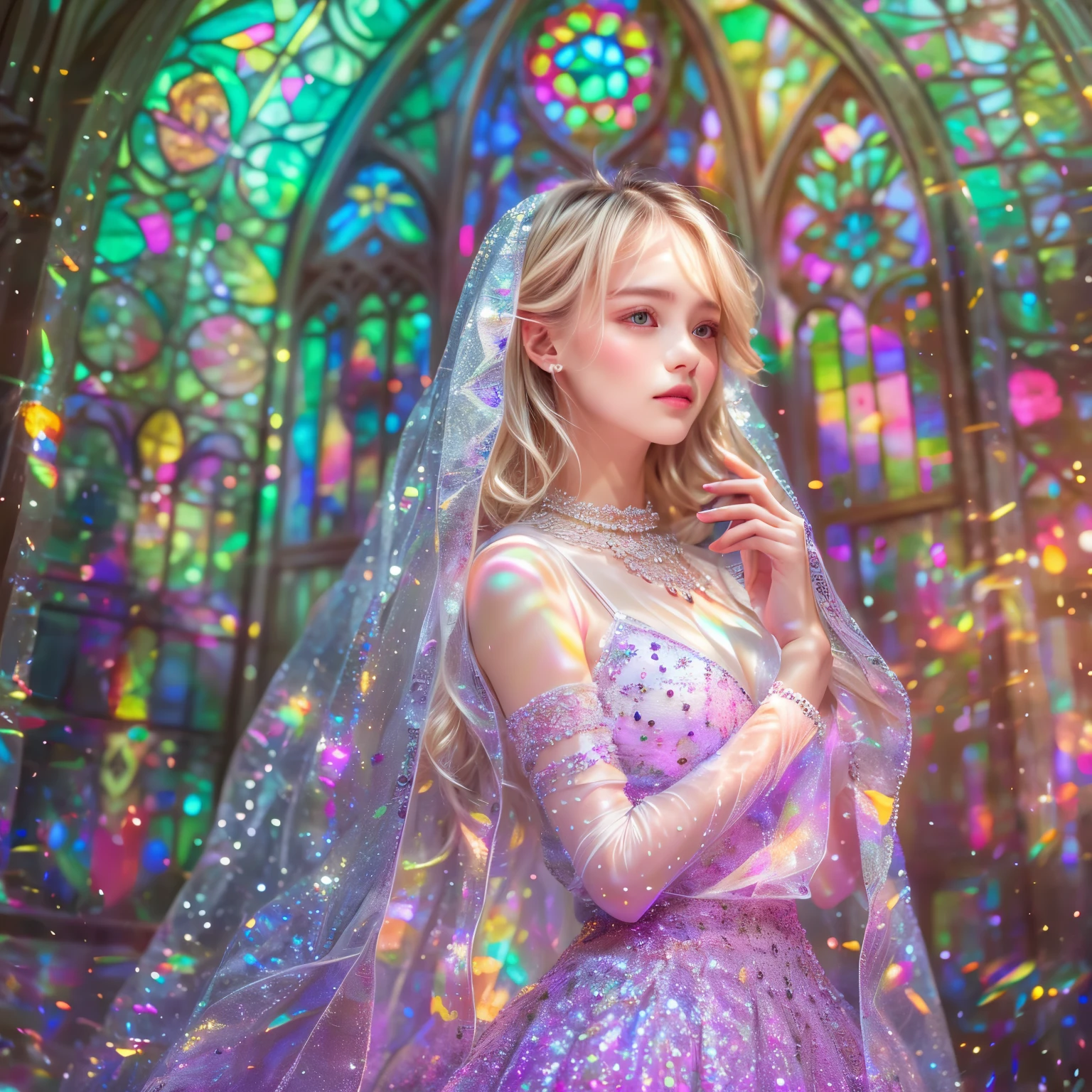 (Cathedral from below:1.28)  (BokeH ZoomLayer) (TopQuality 8K masterpiece of ((Professional photo:1.37))), (((Clarisse de Cagliostro))) (Detailed White WeddingDresses), Chain, (CloseUp of (Extremely detailed (KAWAII face))) {((VeiledFace))|BlondeHair|(Elaborate BuleEyes)with(SparklingHighlights:1.28)}, The background is distant (((Elaborate stained glass))) Rainbow Glass, {(MysticSight)|EnchantingAtmosphere|Haze|(GodRays)|TyndallEffect}, Radiant PearlSkin with Transparency, (Exposed:0.39), BluB