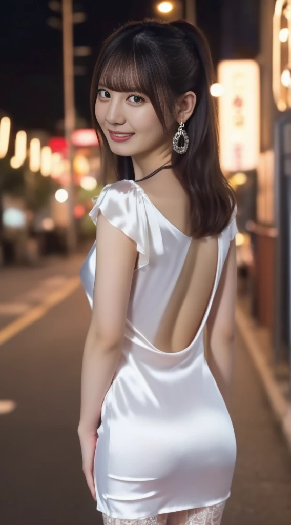 8K, masutepiece, Raw photo, Best Quality, Photorealistic, Highly detailed CG Unity 8k wallpaper, depth of fields, Cinematic Light, Lens Flare, Ray tracing, (Extremely beautiful face, Beautiful lips, Beautiful eyes), intricate detail face, ((Ultra detailed skin)) 1girl in, In the Dark, deepshadow, Pretty Korean girl, Flashy makeup with red eyeshadow，her shortcut, Delicate light brown hair is slightly disheveled with side waves.，wearing large ring earrings，Kpop Idol, 1 girl, (Very slim and slender fit muscular body:1.3), ((Looking at Viewer)),(Big smile:1.3),  (sleeve fashion city night, a dark night, (Neon sign), (Blurred background), Fashion Street Night),(No people in the background:1.3), Beautiful earrings, Bracelets, Necklace, pantyhose, Clear eyes, Walking, (pale skin), (big eye ace forward, ((upperbody shot)), ((super mini color silk dress:1.3)),(Brown hairs),((tight fit lace dress)), (see through), (Looking at Viewer:1.3) opened breast, Very slim, medium breasts, backtrack,((Back shot)), see through, Medium Butt, Ultra Super Mini Skirt, updo hair, ((Spread thighs))，(Sexy pose with a little butt sticking out)，