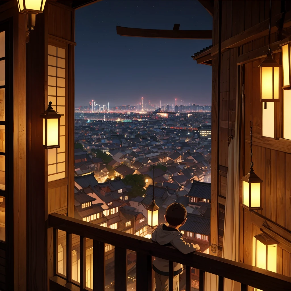 a boy look out the window at the lights in the center of the medieval Japanese city far away. next to his mother, A short woman