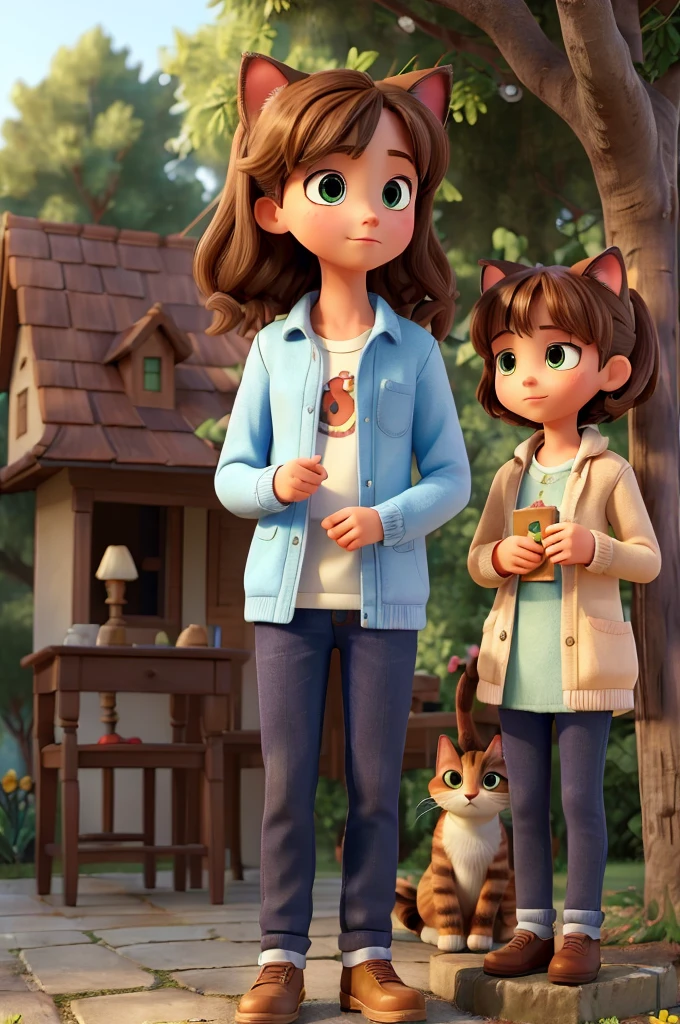 ((best quality)), ((masterpiece)), (detailed), perfect face
There is one girl and one boy the girl asked “where is the cat?” The boy answered” the cat is above the tree”