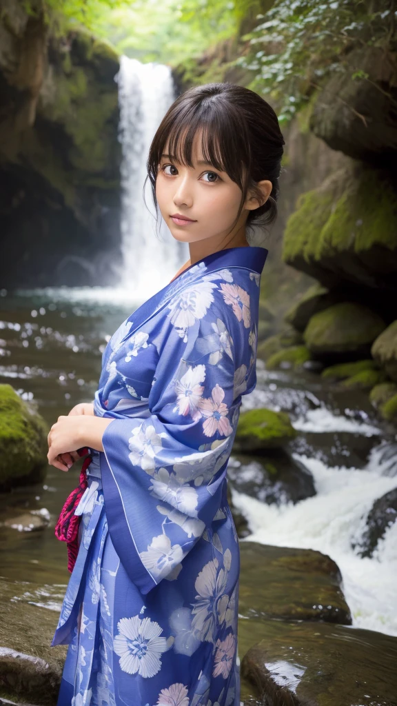 Beautiful woman standing by a waterfall,Nahida_Genshin Impact, Cross-shaped pupil,yukata,