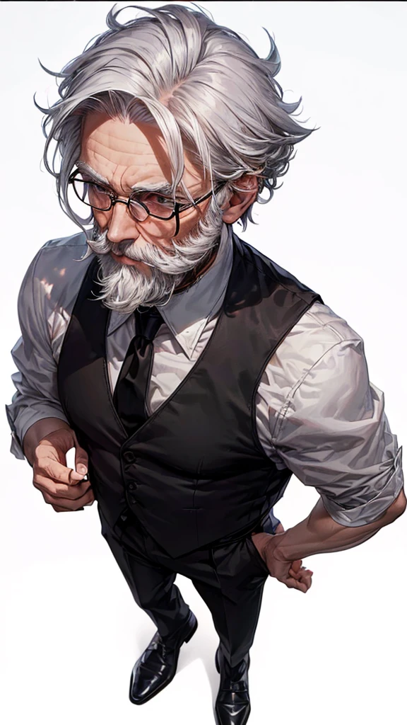 ((60 year old white man seen from above)), ((long tied white hair)), ((brown dark eyes)), ((full white beard)), ((wears a white dress shirt with a black vest over it and a red tie)), ((Black dress pants and black dress shoes)).