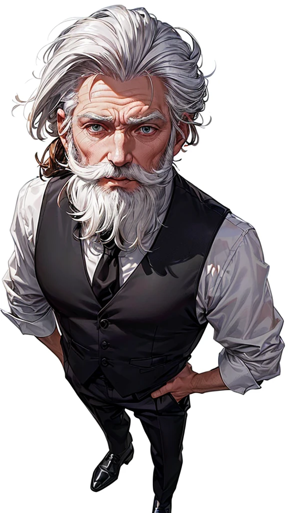 ((60 year old white man seen from above)), ((long tied white hair)), ((brown dark eyes)), ((full white beard)), ((wears a white dress shirt with a black vest over it and a red tie)), ((Black dress pants and black dress shoes)).