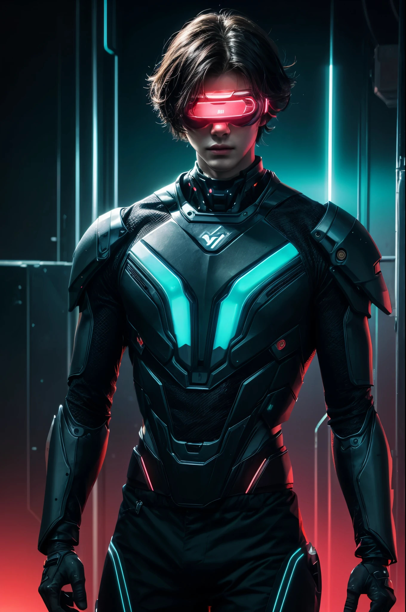 best quality, head-mounted display,
(1 boy), twink, exposed belly, surrounded by azure neon, short black messy hair, short black hair, NodesTech mascara, NodesTech headdress, ethereal hair, multicolored black hair, wearing crop top cyborg armor
BREAK sci-fi background, detailed background,  azure neon background, data space