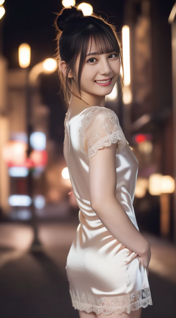 8K, masutepiece, Raw photo, Best Quality, Photorealistic, Highly detailed CG Unity 8k wallpaper, depth of fields, Cinematic Light, Lens Flare, Ray tracing, (Extremely beautiful face, Beautiful lips, Beautiful eyes), intricate detail face, ((Ultra detailed skin)) 1girl in, In the Dark, deepshadow, Pretty Korean girl, Flashy makeup with red eyeshadow，her shortcut, Delicate light brown hair is slightly disheveled with side waves.，wearing large ring earrings，Kpop Idol, 1 girl, (Very slim and slender fit muscular body:1.3), ((Looking at Viewer)),(Big smile:1.3),  (sleeve fashion city night, a dark night, (Neon sign), (Blurred background), Fashion Street Night),(No people in the background:1.3), Beautiful earrings, Bracelets, Necklace, pantyhose, Clear eyes, Walking, (pale skin), (big eye ace forward, ((upperbody shot)), ((super mini color silk dress:1.3)),(Brown hairs),((tight fit lace dress)), (see through), (Looking at Viewer:1.3) opened breast, Very slim, medium breasts, backtrack,((Back shot)), see through, Medium Butt, Ultra Super Mini Skirt, updo hair, ((Spread thighs))，(Sexy pose with a little butt sticking out)，