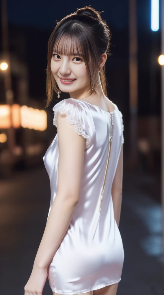 8K, masutepiece, Raw photo, Best Quality, Photorealistic, Highly detailed CG Unity 8k wallpaper, depth of fields, Cinematic Light, Lens Flare, Ray tracing, (Extremely beautiful face, Beautiful lips, Beautiful eyes), intricate detail face, ((Ultra detailed skin)) 1girl in, In the Dark, deepshadow, Pretty Korean girl, Flashy makeup with red eyeshadow，her shortcut, Delicate light brown hair is slightly disheveled with side waves.，wearing large ring earrings，Kpop Idol, 1 girl, (Very slim and slender fit muscular body:1.3), ((Looking at Viewer)),(Big smile:1.3),  (sleeve fashion city night, a dark night, (Neon sign), (Blurred background), Fashion Street Night),(No people in the background:1.3), Beautiful earrings, Bracelets, Necklace, pantyhose, Clear eyes, Walking, (pale skin), (big eye ace forward, ((upperbody shot)), ((super mini color silk dress:1.3)),(Brown hairs),((tight fit lace dress)), (see through), (Looking at Viewer:1.3) opened breast, Very slim, medium breasts, backtrack,((Back shot)), see through, Medium Butt, Ultra Super Mini Skirt, updo hair, ((Spread thighs))，(Sexy pose with a little butt sticking out)，