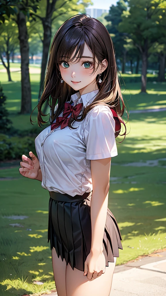 (masterpiece:1.2, top-quality), (realistic, photorealistic:1.4), beautiful illustration, (natural side lighting, movie lighting),
looking at viewer, cowboy shot, front view:0.6, 1 girl, japanese, high school girl, perfect face, cute and symmetrical face, shiny skin,
(long hair:1.8, straight hair:1.7, light brown hair), parted bangs, emerald green eyes, long eye lasher, (large breasts:0.9, thick thighs),
beautiful hair, beautiful face, beautiful detailed eyes, beautiful clavicle, beautiful body, beautiful chest, beautiful thigh, beautiful legs, beautiful fingers,
((, white collared shirts, black pleated mini skirt, black socks, brown loafers, red bow tie)), break, hoop ring earrings, pink panties, In the grass of a meadow, a girl stands, slightly, legs open. A complete body. Complete hands and legs. Thin waist.
Her face, bright red, flush and shy.
You can see her nipples standing out, even through her shirt. Her breasts are so large that you can see them even through the top of her shirt. (The skirt is shorter than normal, but it is a very short mini-pleated skirt that almost reveals her panties.)The girl has brown hair.
(The skirt is extremely short.)
(The skirt is extremely short.)