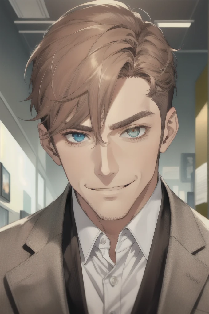 masterpiece, best quality, realistic, 1man, mature man, muscular tall, handsome, smile, closed mouth, portrait, extremely detailed face, (short hair), (gray brown hair), (heterochromia in eyes), CEO, Office home.