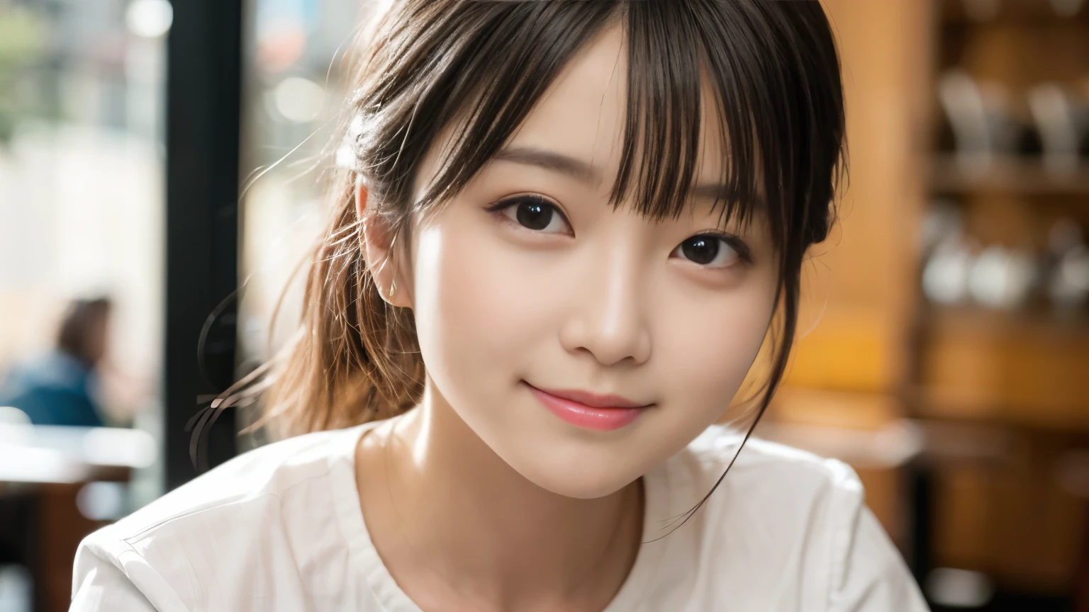 masterpiece, Highest quality, 8k, Disorganized person, White shirt, beautiful girl, Pretty face, Looking at the audience, smile, Ultra-realistic, High resolution, photograph, Sharp focus, High resolution, Face Light, Dynamic Lighting, Cinema Lighting, Professional Shadow, Beautiful cafe background, Best details, Very detailed, Very detailedな, finely, Real Skin, Delicate facial features, Detailed face and eyes, Sharp pupils、Real students
