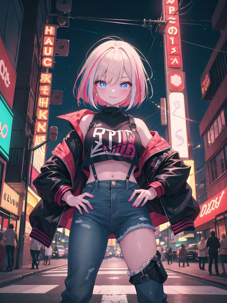 ((8k, best quality, master piece: 1.3)),super high resolution,(1 girl, solo), (colorshift eyes, hyperdetailed, expressive sparkling, glitter, glowing eyes), ultra detailed eyes, ultra-detailed face, random hair, ((pastel color)),A bad girl. The background is a busy downtown area at night, with flashy neon signs shining. The girl has a tough, rebellious vibe, and she wears a crop top and a short denim jacket. The top is red and black checkered, and the sleeves of the jacket are rolled up. The camera is set at the bust so that her expression can be seen clearly. A confident smile spreads across the girl's face, and her large eyes shine sharply. Her skin is pale, and she has light makeup around her eyes. Her hair is an asymmetrical bob cut with boldly dyed bangs. Her hair is a deep blue-black gradient that sparkles in the neon light.
She holds a skateboard in one hand and the other hand on her hip. She stands confidently, attentive to her surroundings but relaxed. The background shows a bustling downtown area, people standing on the sidewalk, and neon signs. The alleys are lined with signs for street vendors and restaurants, and the overall atmosphere is noisy.
The texture of the girl's jacket, the details of her hair, and the design of her skateboard are depicted in detail. The colorful glow of the neon lights enhances her confident expression, recreating an overall vibrant atmosphere. Her imposing posture and sharp gaze give the impression of the strength and individuality of a delinquent girl.