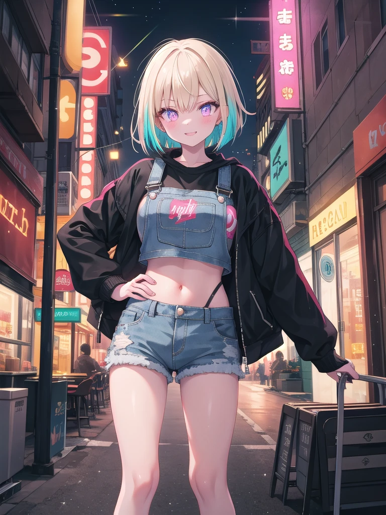 ((8k, best quality, master piece: 1.3)),super high resolution,(1 girl, solo), (colorshift eyes, hyperdetailed, expressive sparkling, glitter, glowing eyes), ultra detailed eyes, ultra-detailed face, random hair, ((pastel color)),A bad girl. The background is a busy downtown area at night, with flashy neon signs shining. The girl has a tough, rebellious vibe, and she wears a crop top and a short denim jacket. The top is red and black checkered, and the sleeves of the jacket are rolled up. The camera is set at the bust so that her expression can be seen clearly. A confident smile spreads across the girl's face, and her large eyes shine sharply. Her skin is pale, and she has light makeup around her eyes. Her hair is an asymmetrical bob cut with boldly dyed bangs. Her hair is a deep blue-black gradient that sparkles in the neon light.

She holds a skateboard in one hand and the other hand on her hip. She stands confidently, attentive to her surroundings but relaxed. The background shows a bustling downtown area, people standing on the sidewalk, and neon signs. The alleys are lined with signs for street vendors and restaurants, and the overall atmosphere is noisy.

The texture of the girl's jacket, the details of her hair, and the design of her skateboard are depicted in detail. The colorful glow of the neon lights enhances her confident expression, recreating an overall vibrant atmosphere. Her imposing posture and sharp gaze give the impression of the strength and individuality of a delinquent girl.