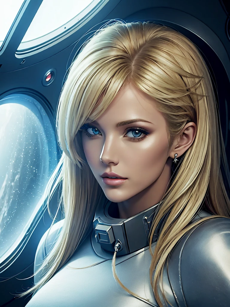 ((work of art)), ((best qualityer)), (detailded), perfect, alone, gorgeous woman, Delicious lips, hair blonde, sexly, fully body, delicious. On a spaceship traveling outer space.