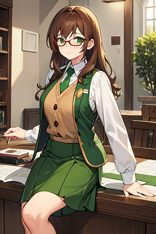 women, semi long brown hair, glasses, green vest, white long sleeve shirt, green skirt, Red tie, coffee pocket, journalist 