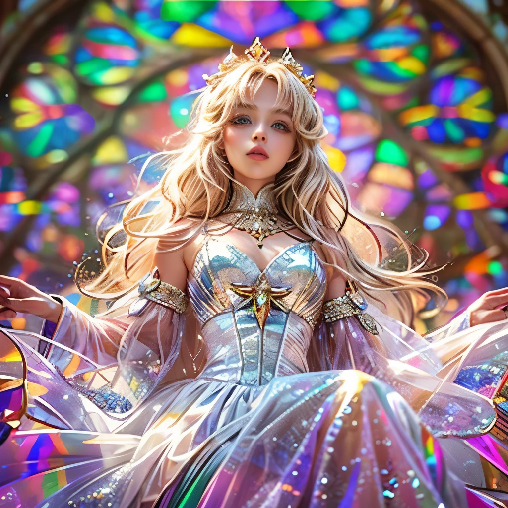 (Cathedral from below:1.28) (ZoomLayer) ((TopQuality 8K masterpiece of (Professional photo:1.37)), (((Clarisse de Cagliostro))) (Detailed White WeddingDresses), Chain, (((Extremely detailed KAWAII face))) {((VeiledFace))|BlondeHair|(Elaborate BuleEyes)with(SparklingHighlights:1.28)}, The background is distant (((Elaborate stained glass))) Rainbow Glass, {(MysticSight)|EnchantingAtmosphere|Haze|(GodRays)|TyndallEffect}, Radiant PearlSkin with Transparency, (Exposed:0.52)