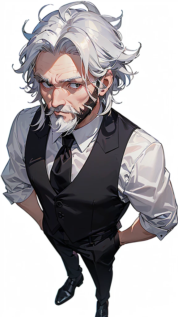 ((60 year old white man seen from above)), ((long tied white hair)), ((brown dark eyes)), ((full white beard)), ((wears a white dress shirt with a black vest over it and a red tie)), ((Black dress pants and black dress shoes)).
