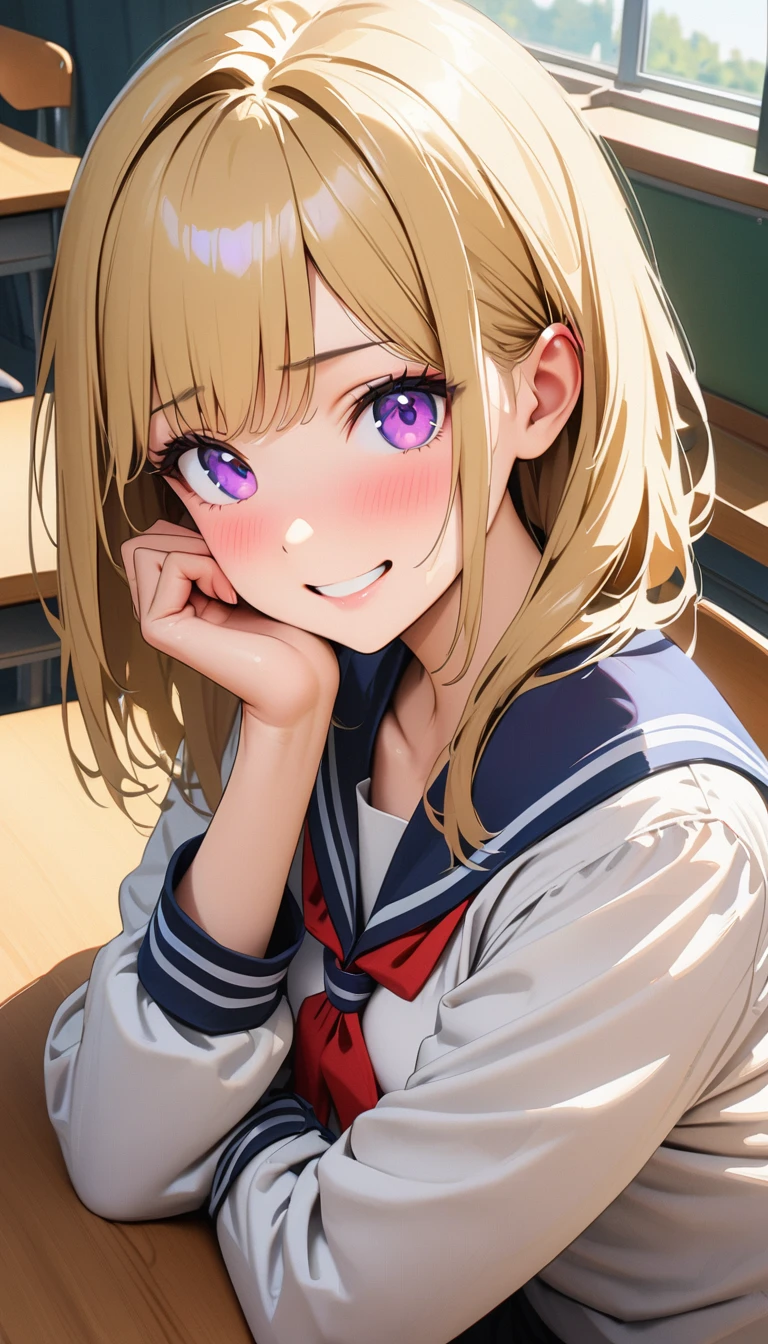 Modern, Verism, masterpiece, Textured skin, Super Detail, Highest quality, 16K , live-action、Beautiful woman  ,Sailor suit, She has her chin on her hand, Looking into the camera,  The setting is a high school classroom during the day. With super shiny long blonde hair.、Make up image of young woman with captivating violet eyes。she smiles warmly、A slight blush appears on her cheeks in embarrassment.